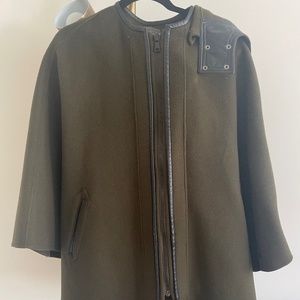 Vince Olive Green Wool & Leather Poncho Hood Cape